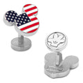 A pair of Disney Mickey Mouse shaped cufflinks featuring an American flag pattern in red, white, and blue enamel on a silver-tone base.