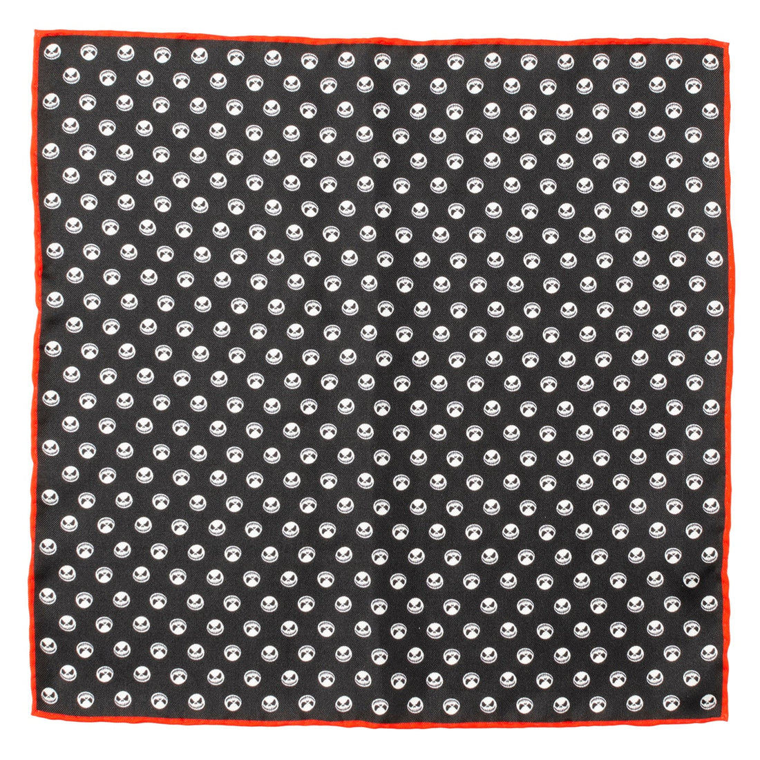 Disney The Nightmare Before Christmas black silk pocket square with Jack Skellington pattern and red trim.