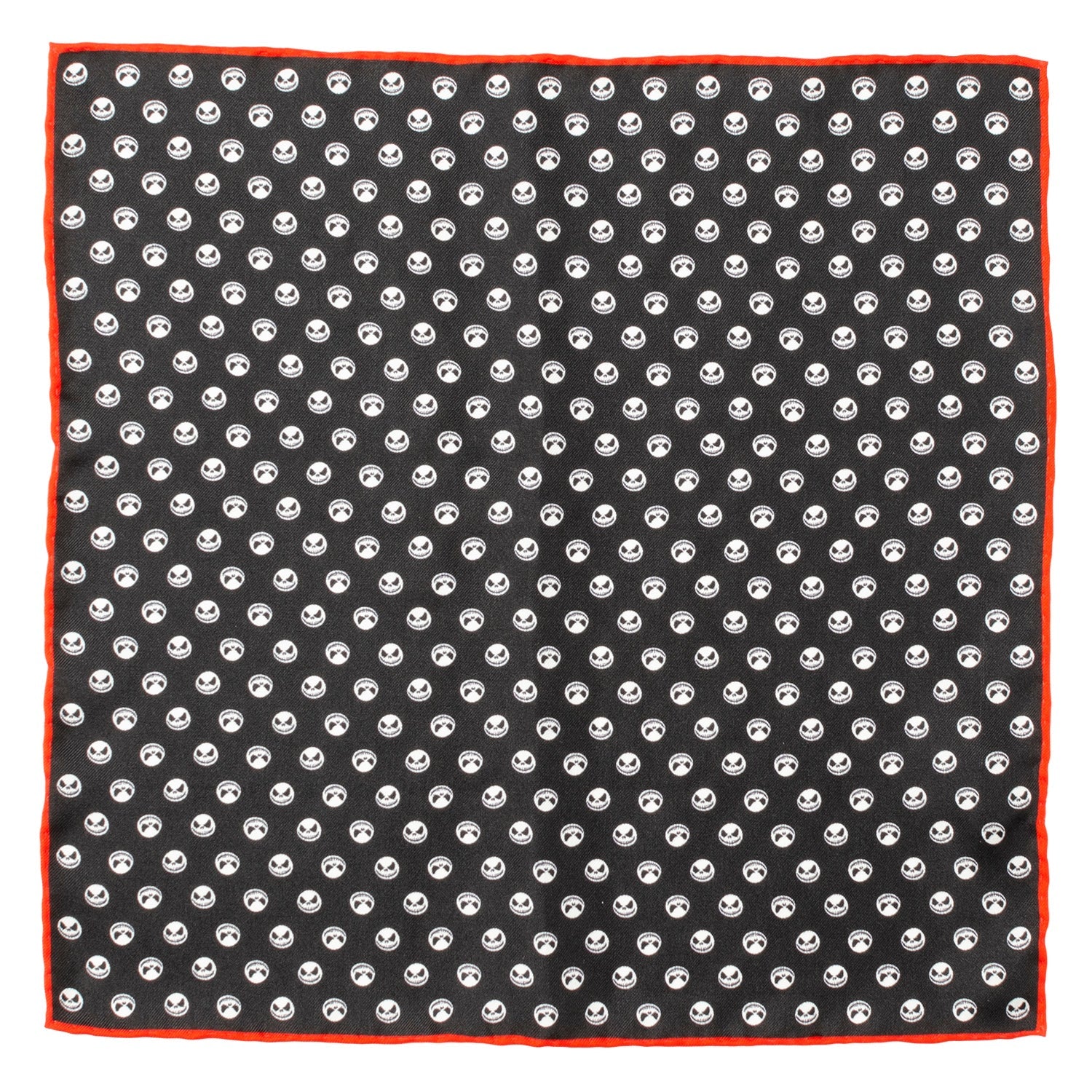 Disney The Nightmare Before Christmas black silk pocket square with Jack Skellington pattern and red trim.