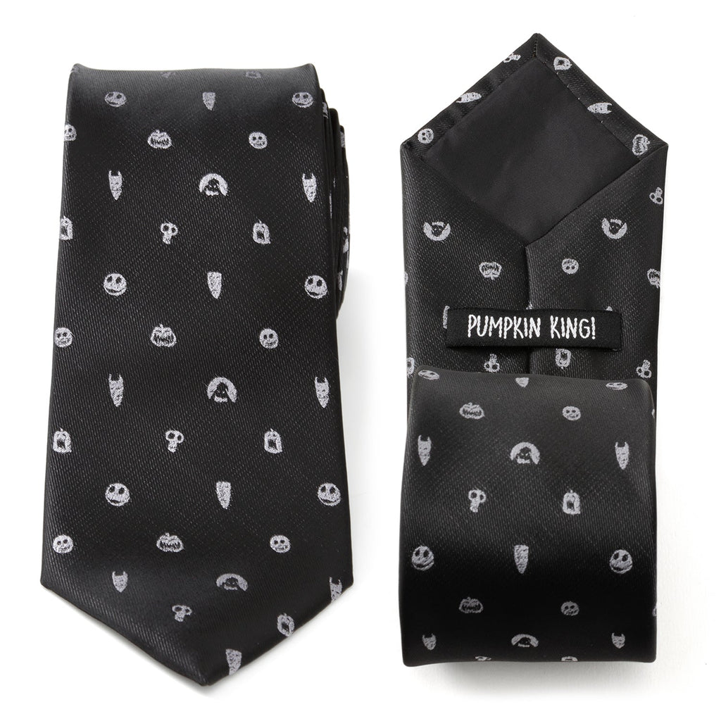 Close up and full view of a black Disney Nightmare Before Christmas necktie with silver icons of Jack Skellington and Oogie Boogie.