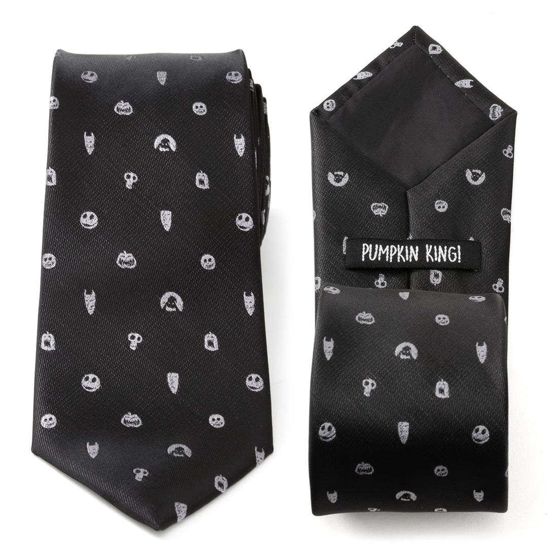 Close up and full view of a black Disney Nightmare Before Christmas necktie with silver icons of Jack Skellington and Oogie Boogie.