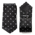 Close up and full view of a black Disney Nightmare Before Christmas necktie with silver icons of Jack Skellington and Oogie Boogie.