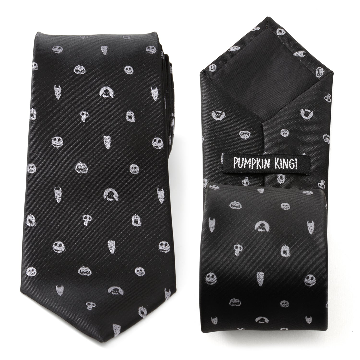 Close up and full view of a black Disney Nightmare Before Christmas necktie with silver icons of Jack Skellington and Oogie Boogie.