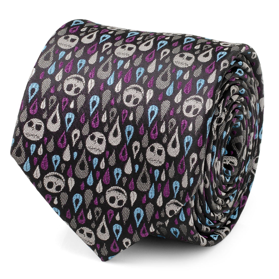 A close-up and flat view of a black men's necktie with a pattern of Jack Skellington faces and colorful raindrops in blue, purple, and gray.