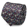 A close-up and flat view of a black men's necktie with a pattern of Jack Skellington faces and colorful raindrops in blue, purple, and gray.