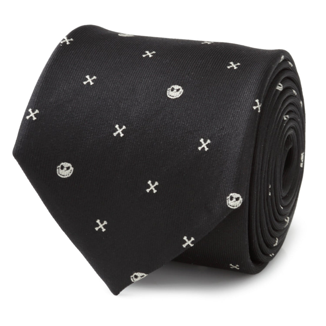 A black necktie featuring a repeating pattern of white Jack Skellington heads and small crossbones.
