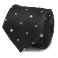 A black necktie featuring a repeating pattern of white Jack Skellington heads and small crossbones.