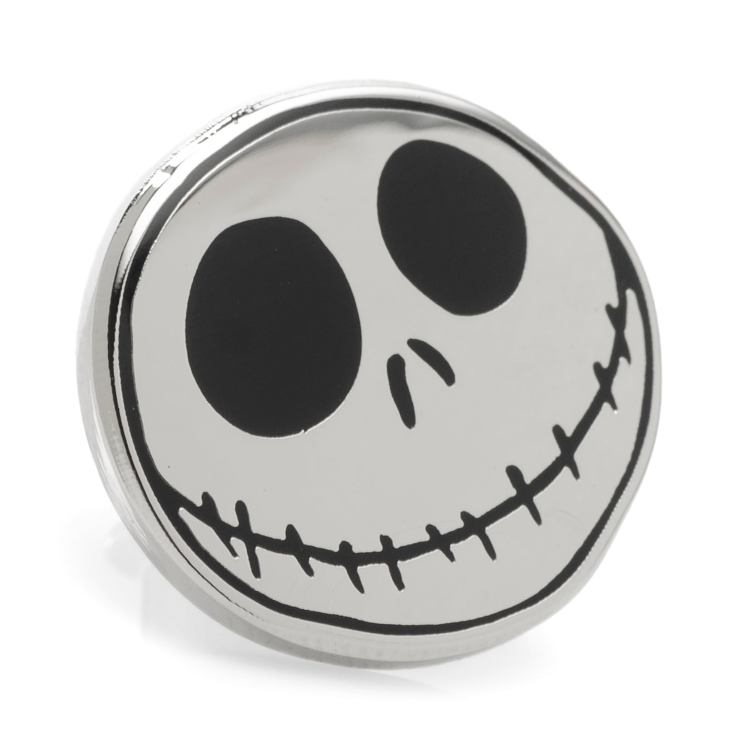 Close up of a circular Jack Skellington lapel pin featuring a black and silver face with a secure metal clutch backing.