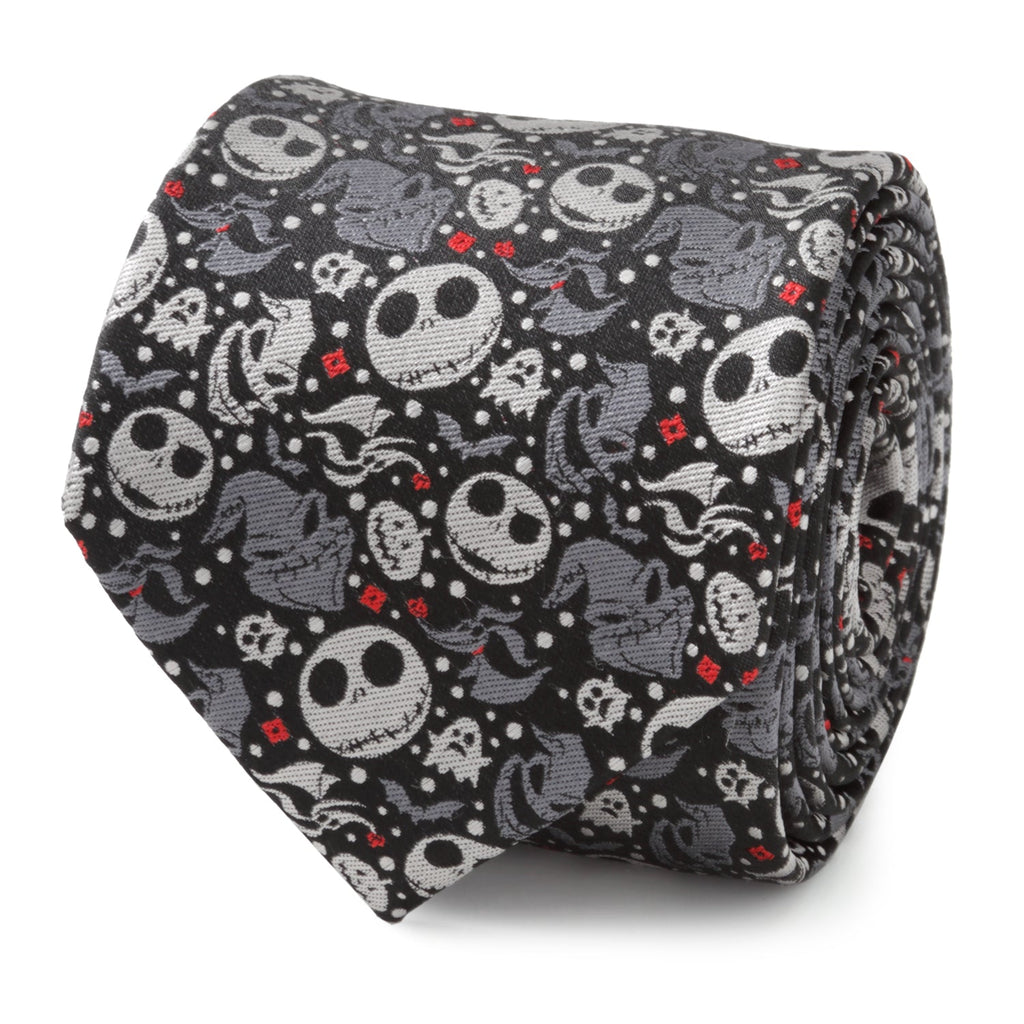 A close-up and mannequin view of a black and gray men's necktie featuring character patterns from The Nightmare Before Christmas.