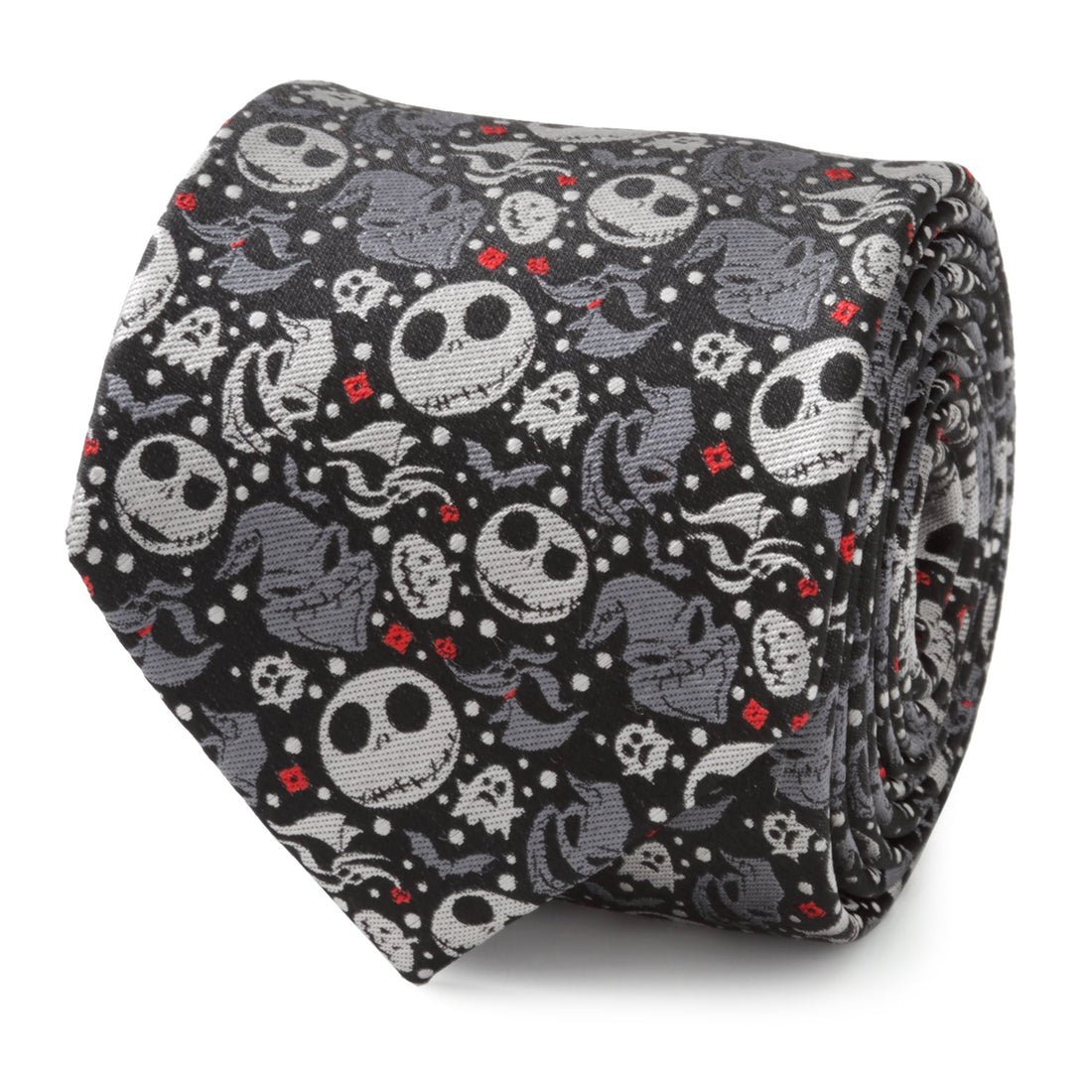A close-up and mannequin view of a black and gray men's necktie featuring character patterns from The Nightmare Before Christmas.
