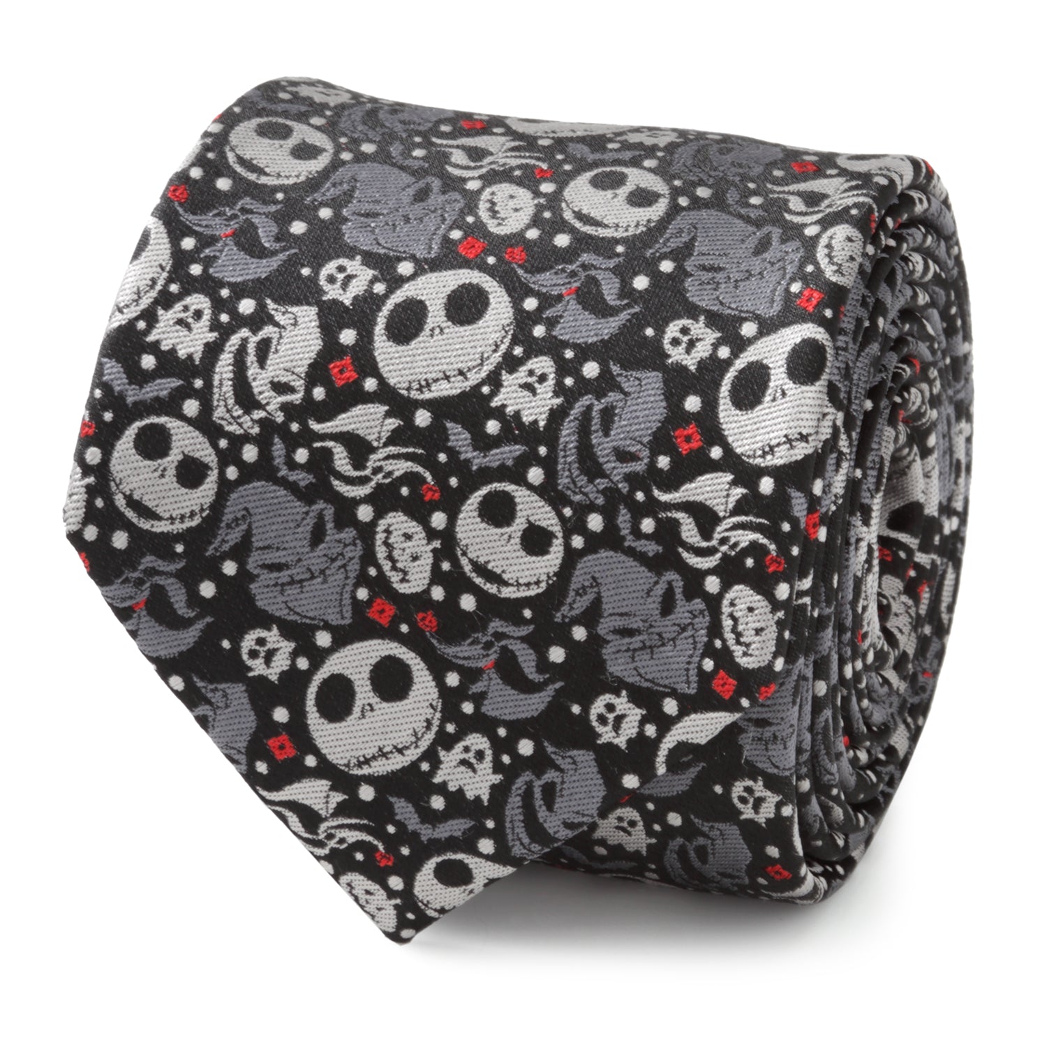 A close-up and mannequin view of a black and gray men's necktie featuring character patterns from The Nightmare Before Christmas.