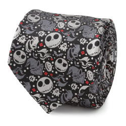A close-up and mannequin view of a black and gray men's necktie featuring character patterns from The Nightmare Before Christmas.