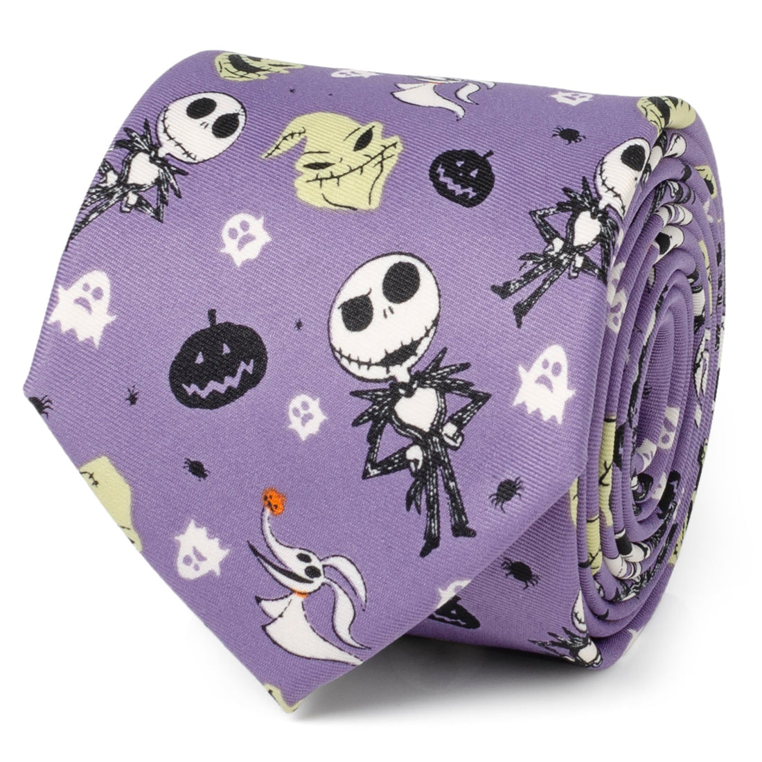 A rolled purple necktie featuring an all-over print of Jack Skellington, Oogie Boogie, Zero, pumpkins, and ghosts.