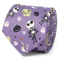 A rolled purple necktie featuring an all-over print of Jack Skellington, Oogie Boogie, Zero, pumpkins, and ghosts.