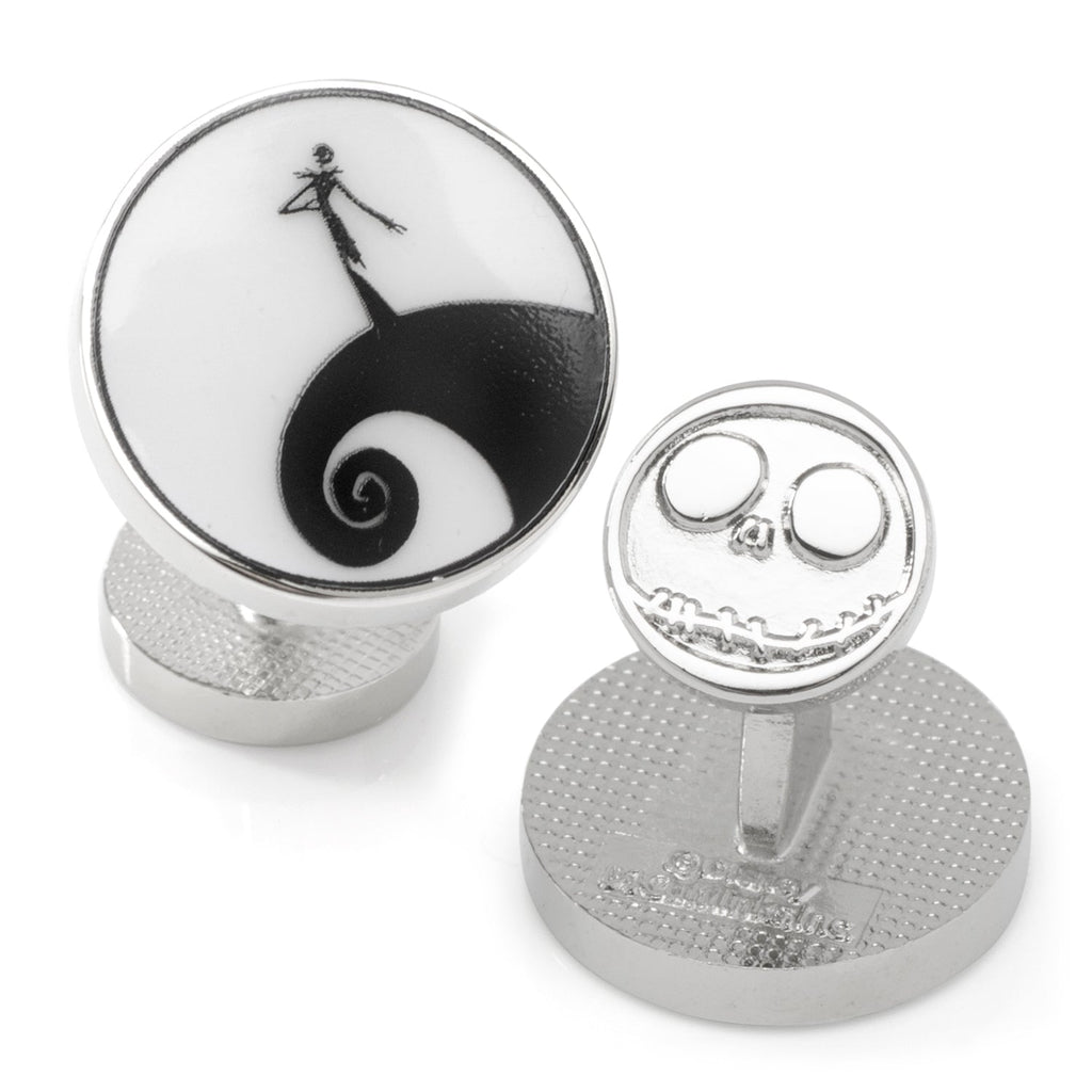 Close up of black and white Nightmare Before Christmas cufflinks featuring Jack Skellington on Spiral Hill with Jack face on the back.