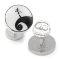 Close up of black and white Nightmare Before Christmas cufflinks featuring Jack Skellington on Spiral Hill with Jack face on the back.