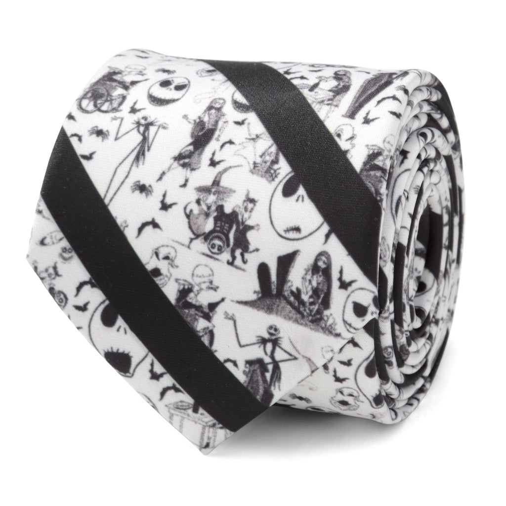 Close-up of a black and white striped Nightmare Before Christmas necktie featuring Jack Skellington characters.