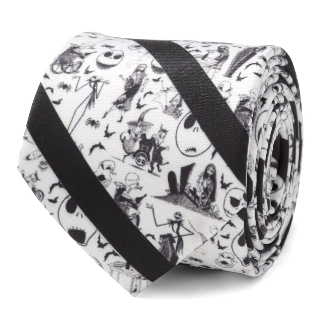 Close-up of a black and white striped Nightmare Before Christmas necktie featuring Jack Skellington characters.