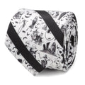 Close-up of a black and white striped Nightmare Before Christmas necktie featuring Jack Skellington characters.