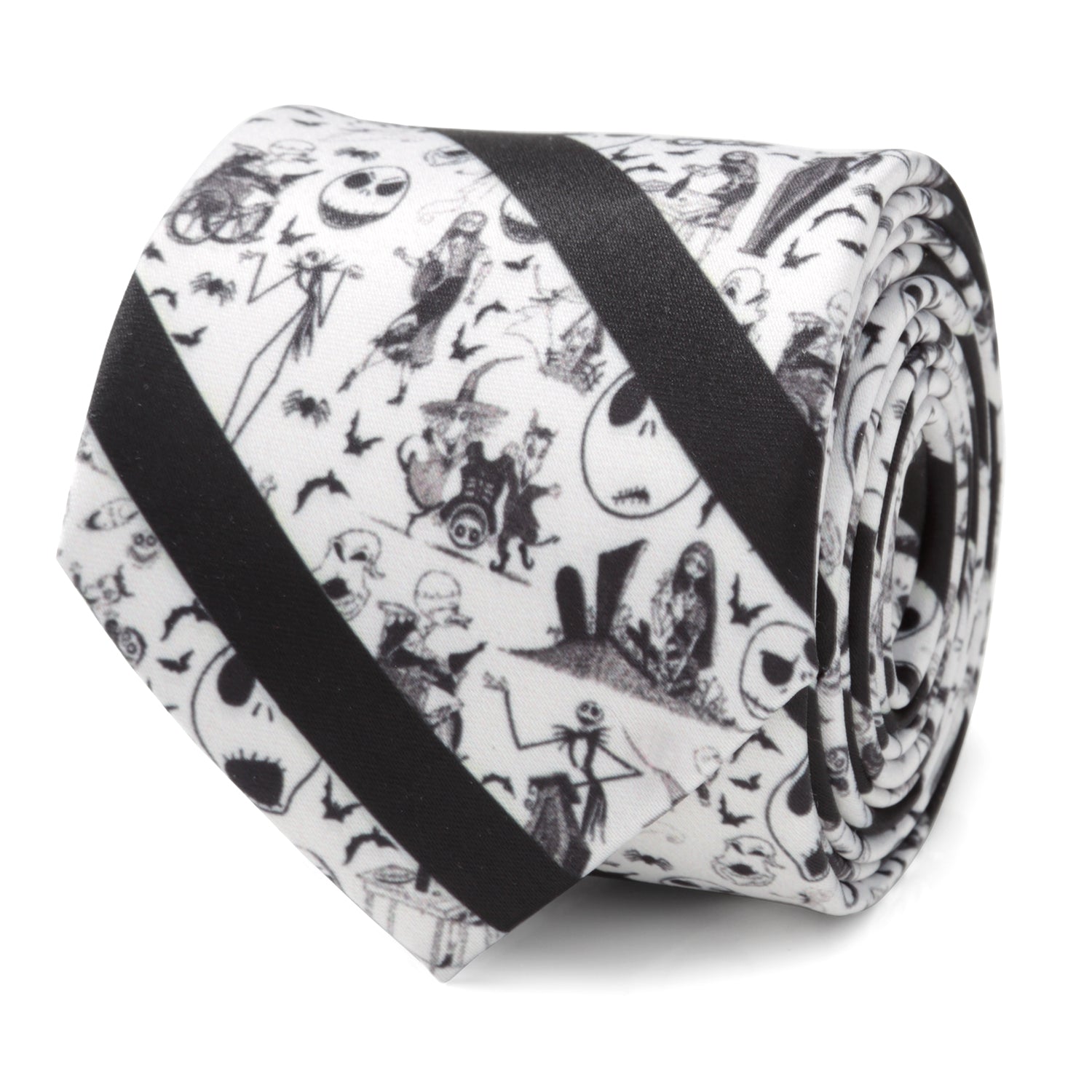 Close-up of a black and white striped Nightmare Before Christmas necktie featuring Jack Skellington characters.