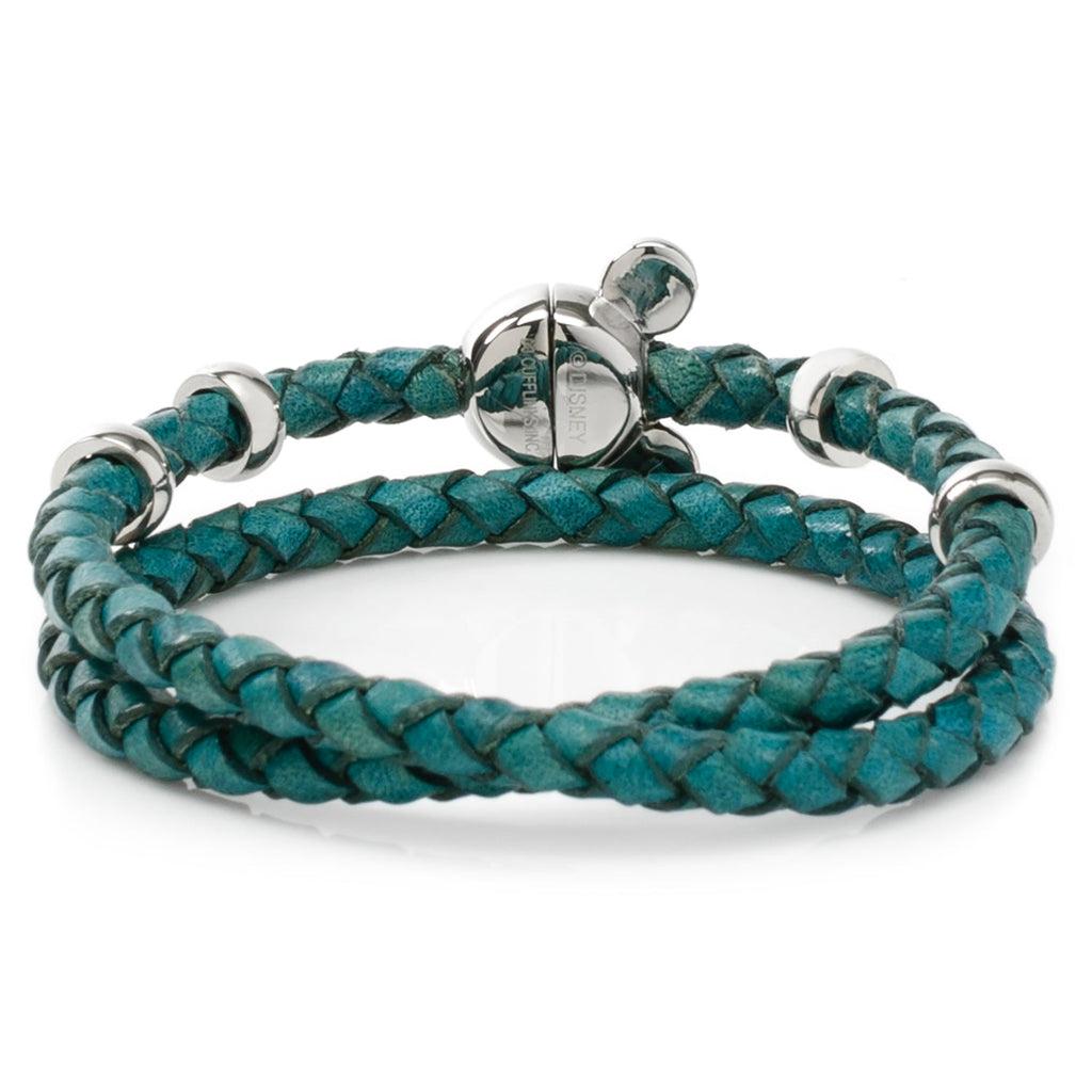 Teal Braided Leather Mickey Mouse Icon Double Wrap Bracelet - Image 2