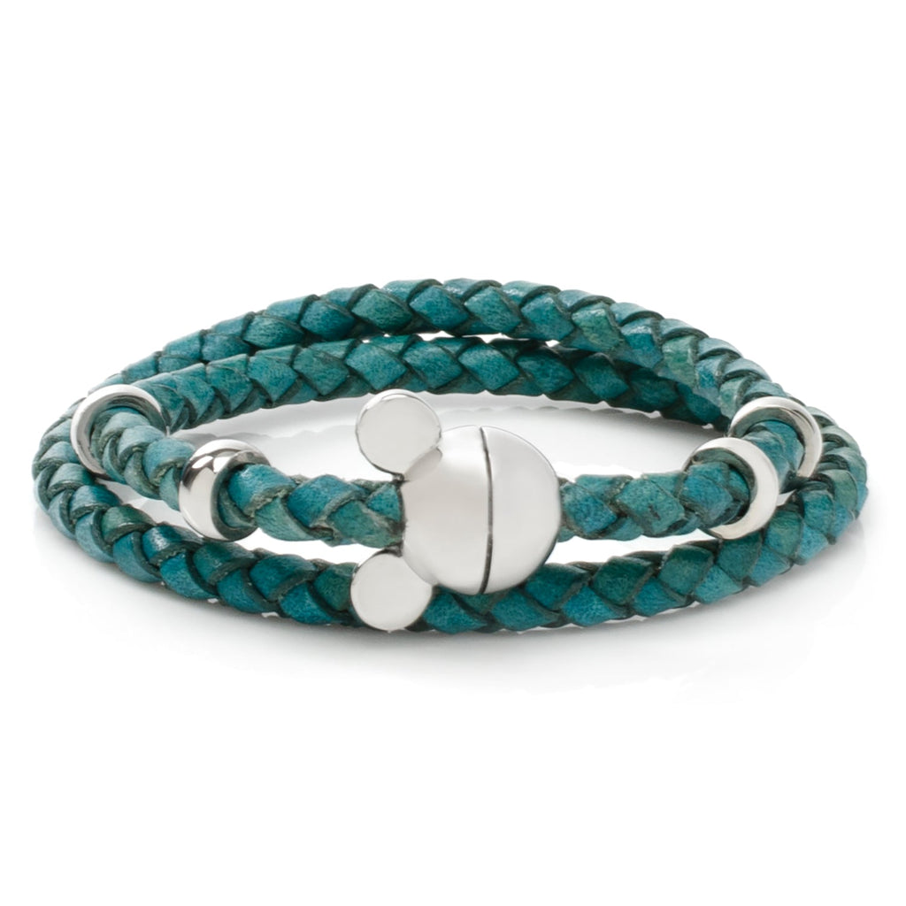 Teal braided leather double wrap bracelet with a magnetic silver-tone Mickey Mouse head closure.