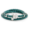 Teal braided leather double wrap bracelet with a magnetic silver-tone Mickey Mouse head closure.