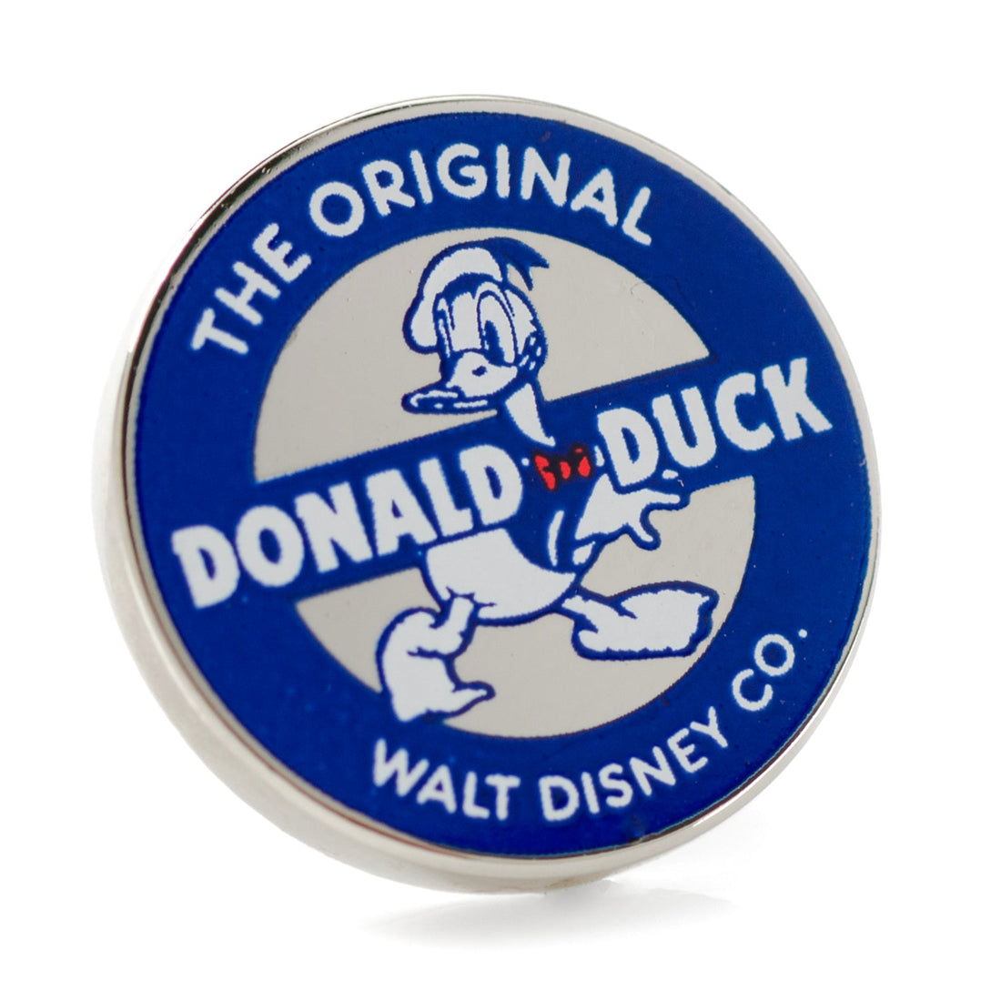 A circular Disney Donald Duck lapel pin featuring white Donald Duck artwork on a blue background with silver metal edges.