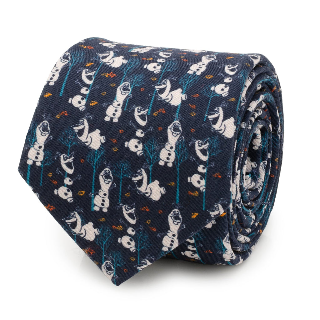 A navy blue cotton necktie featuring a repeating pattern of Olaf from Disney's Frozen surrounded by blue trees and small orange and yellow leaves.