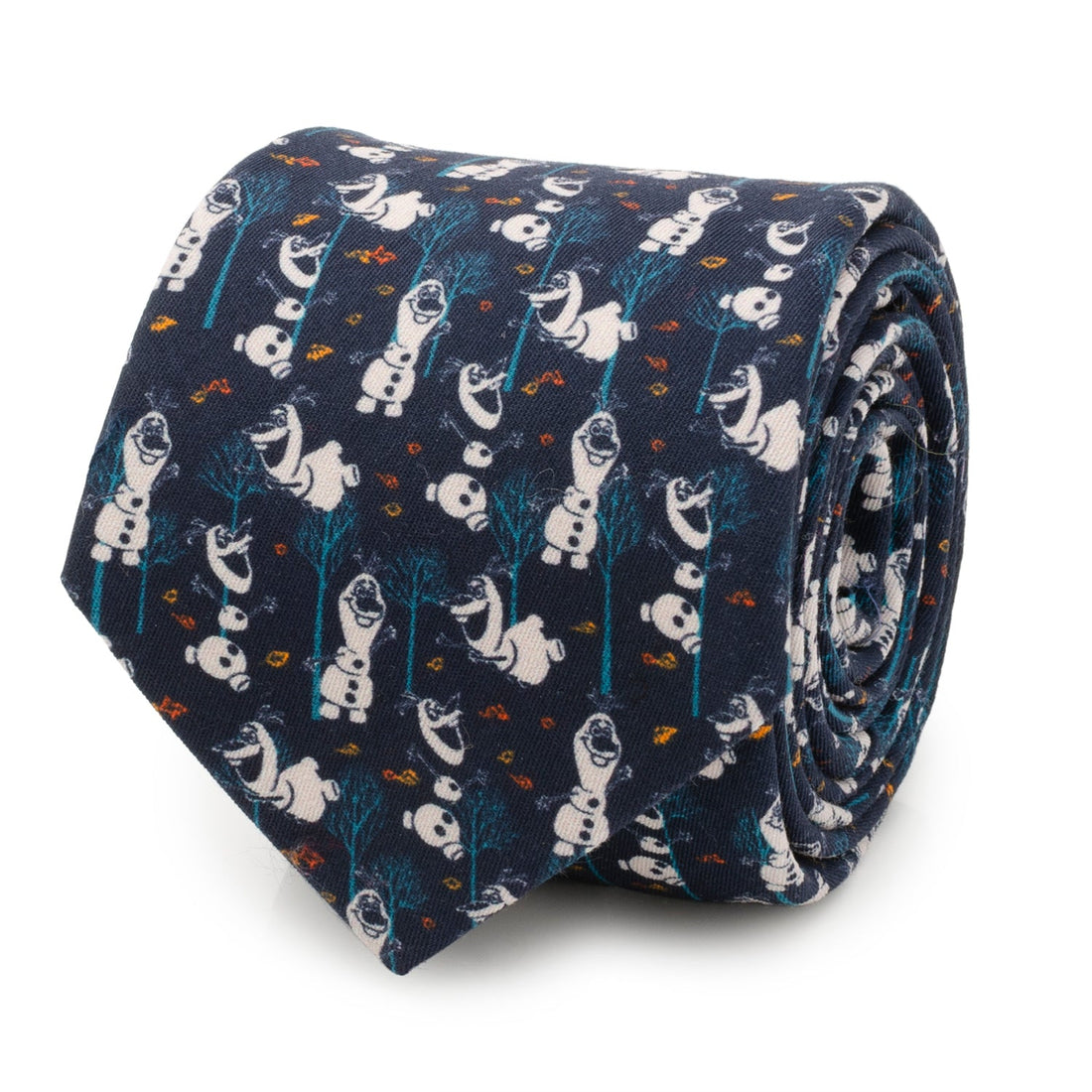 A navy blue cotton necktie featuring a repeating pattern of Olaf from Disney's Frozen surrounded by blue trees and small orange and yellow leaves.