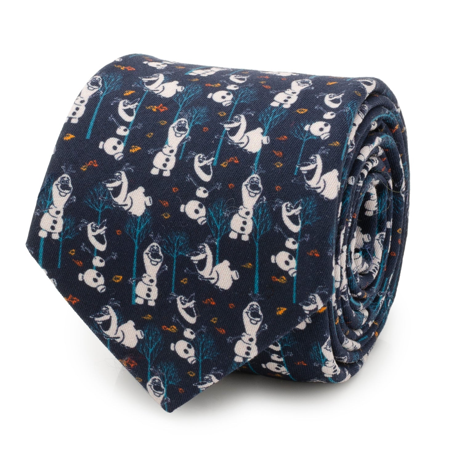 A navy blue cotton necktie featuring a repeating pattern of Olaf from Disney's Frozen surrounded by blue trees and small orange and yellow leaves.
