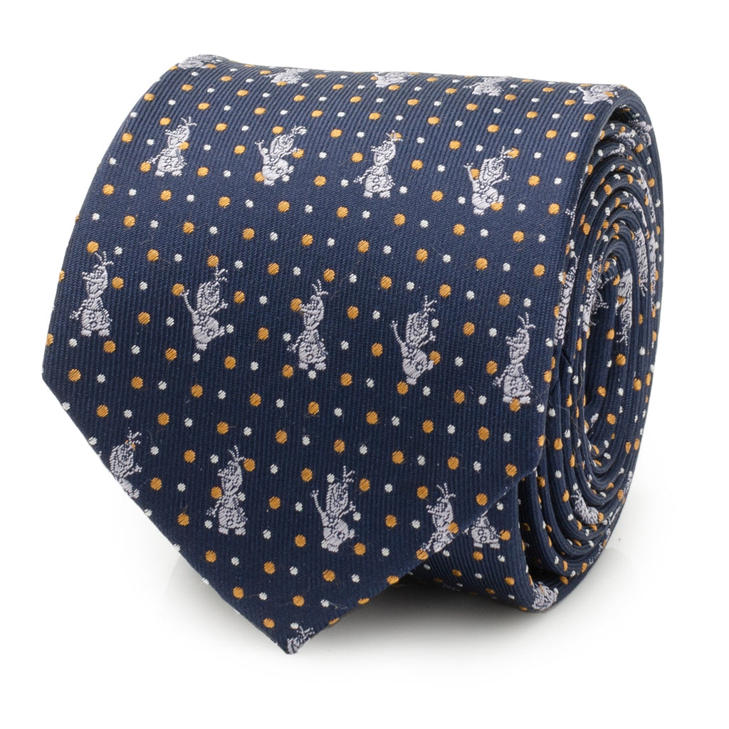 Disney Frozen Olaf character printed on a navy blue silk necktie with orange and white dots