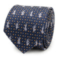 Disney Frozen Olaf character printed on a navy blue silk necktie with orange and white dots