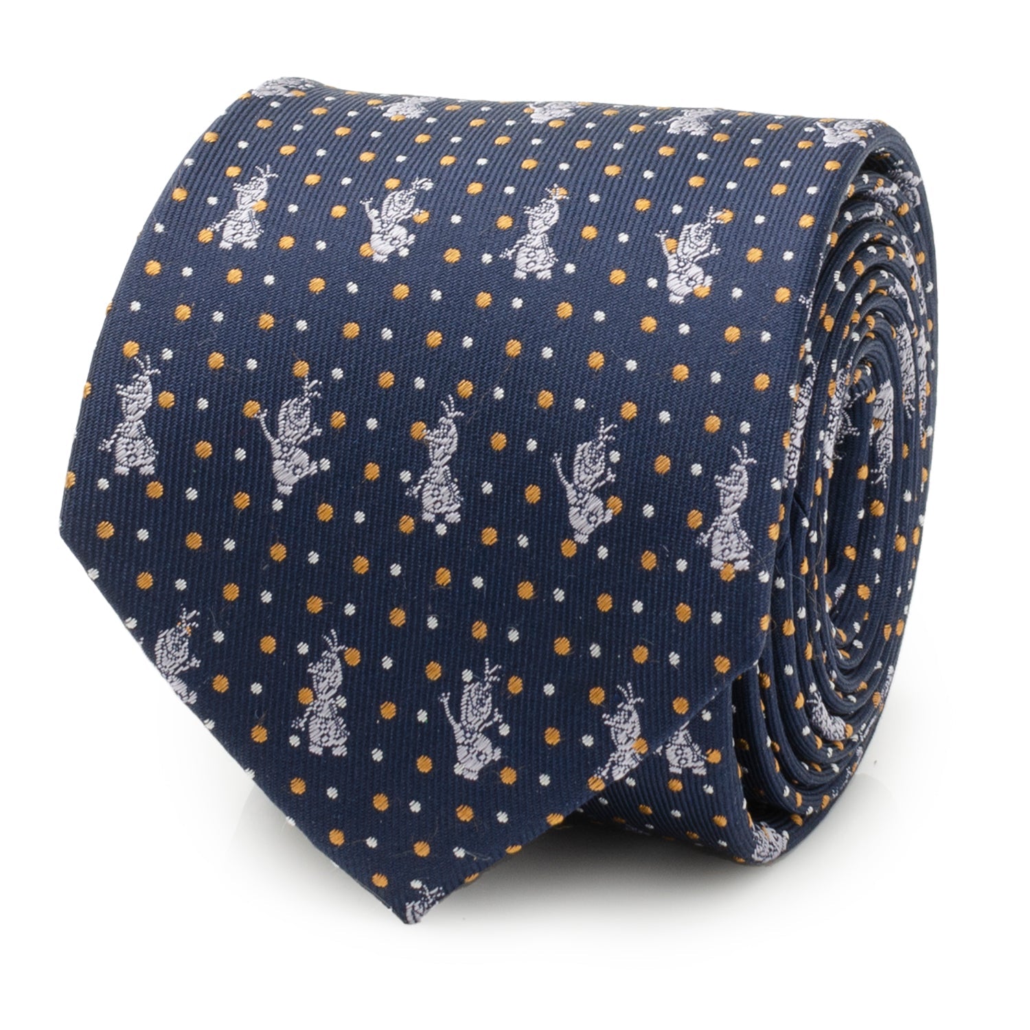 Disney Frozen Olaf character printed on a navy blue silk necktie with orange and white dots