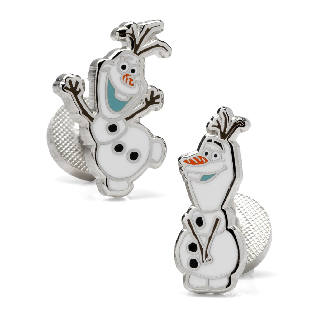 A pair of Disney Frozen Olaf action cufflinks in polished silver tone on a white background, and a second image showing them worn on a dress shirt cuff.