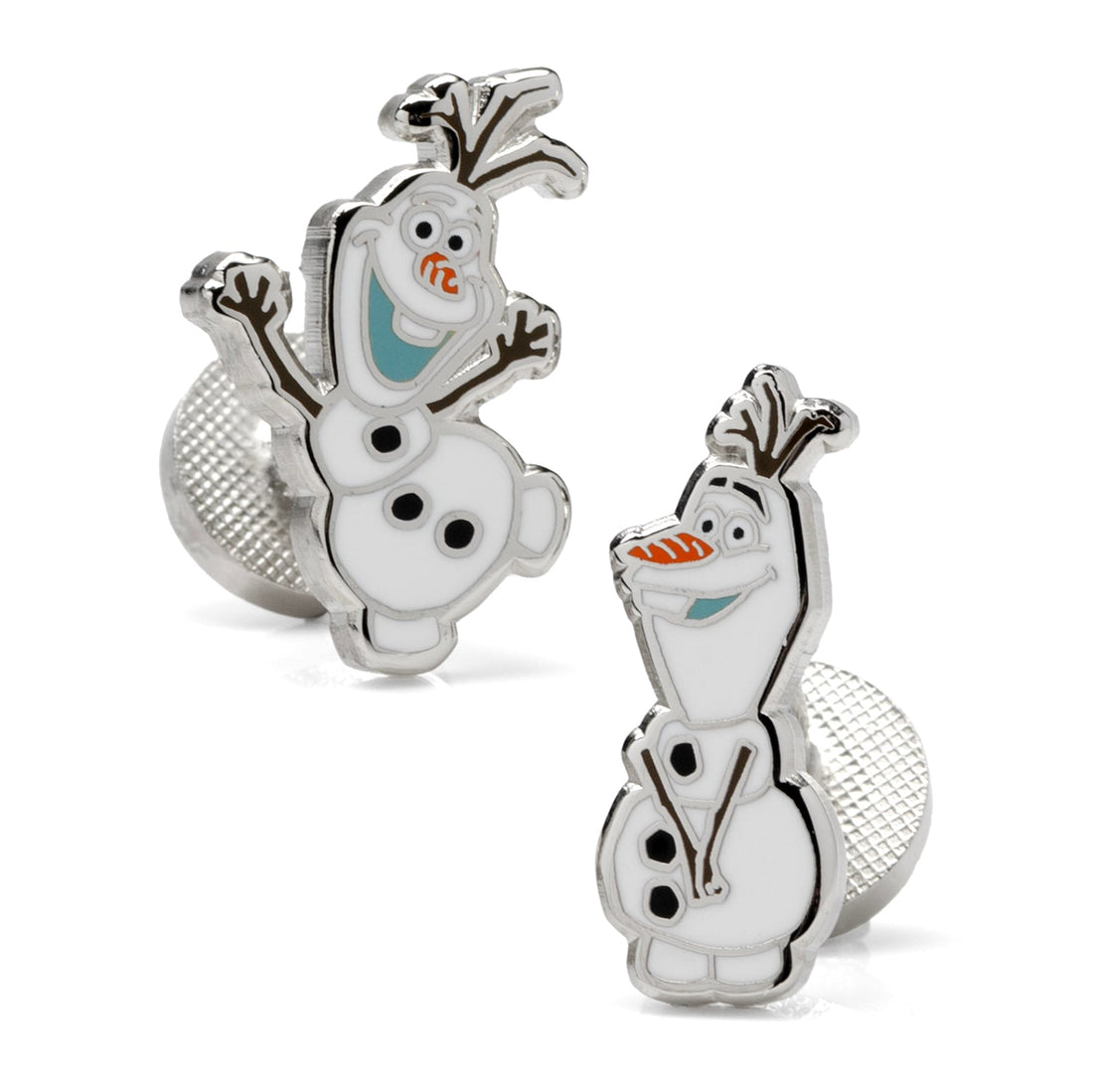 A pair of Disney Frozen Olaf action cufflinks in polished silver tone on a white background, and a second image showing them worn on a dress shirt cuff.