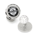A pair of round silver-tone cufflinks featuring black and white 1928 vintage Mickey Mouse artwork.