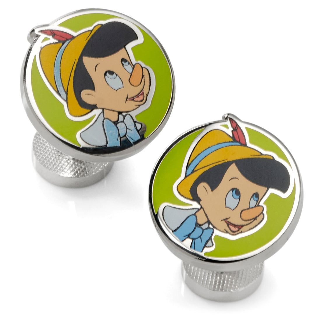 A pair of round Disney Pinocchio enamel cufflinks with a silver-tone finish and an apple design on the back
