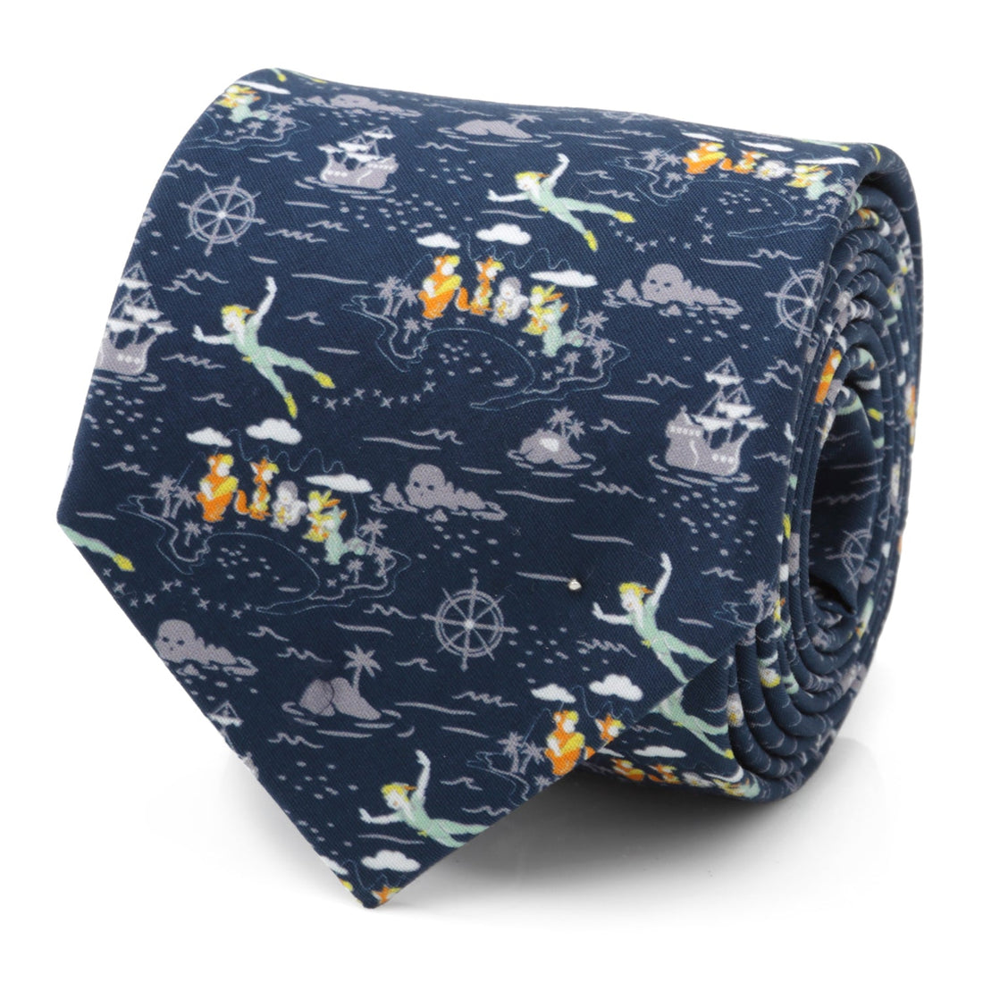 A navy blue cotton necktie with an all-over print of Peter Pan, the Darling siblings, and Captain Hook's ship.