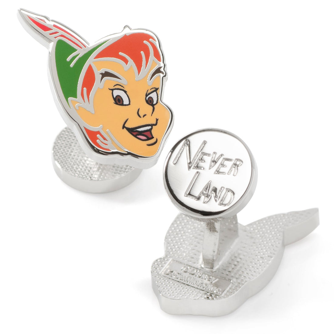 Close-up of Disney Peter Pan character face cufflinks with silver base metal plating.