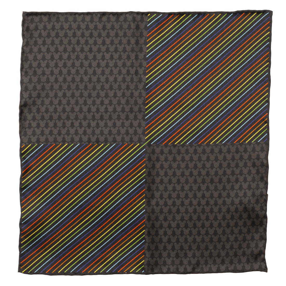 Folded Disney Mickey Mouse pocket square with a black tonal pattern and contrasting rainbow stripes.