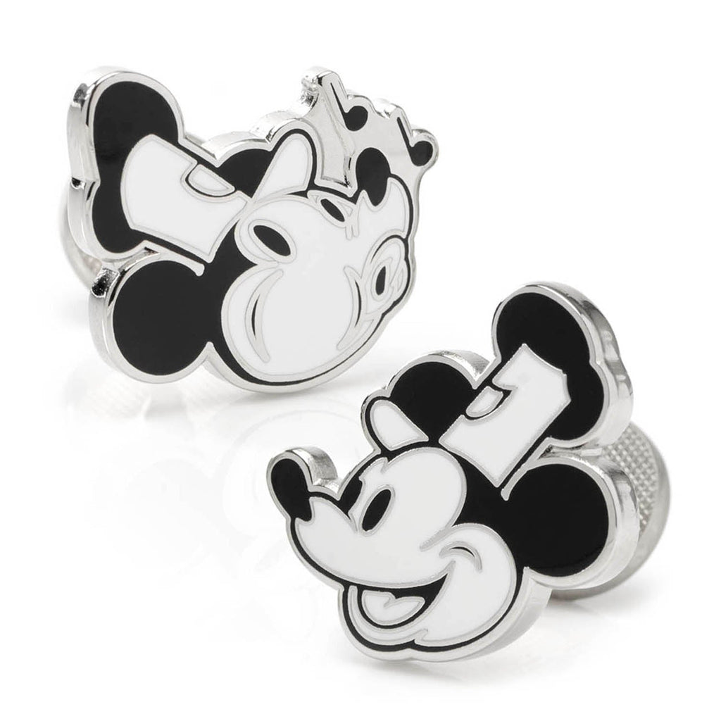 Close up of black and white enamel Mickey Mouse Steamboat Willie cufflinks with glove design on the backing.