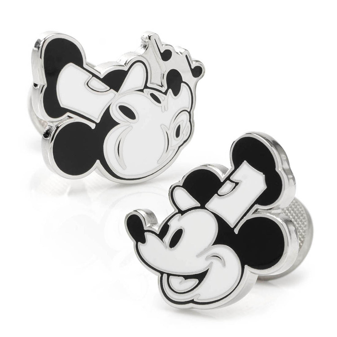 Close up of black and white enamel Mickey Mouse Steamboat Willie cufflinks with glove design on the backing.