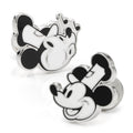 Close up of black and white enamel Mickey Mouse Steamboat Willie cufflinks with glove design on the backing.