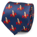 Close up and full view of a blue necktie featuring a repeating pattern of Sebastian the crab from The Little Mermaid, with a hidden message reading Under The Sea on the back.