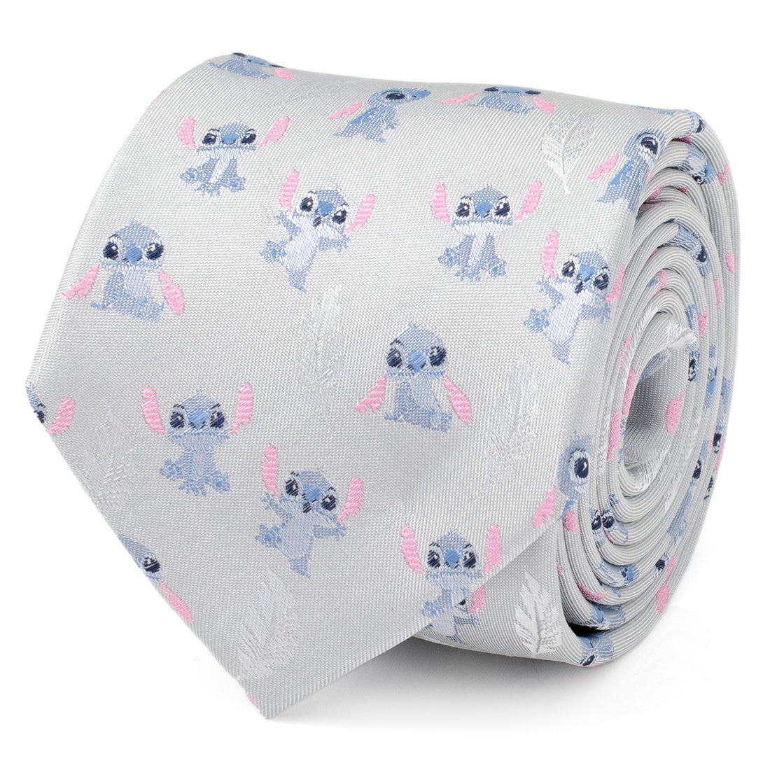 Close up of a gray necktie featuring a repeating pattern of Stitch from Lilo & Stitch and white feathers.