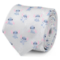 Close up of a gray necktie featuring a repeating pattern of Stitch from Lilo & Stitch and white feathers.