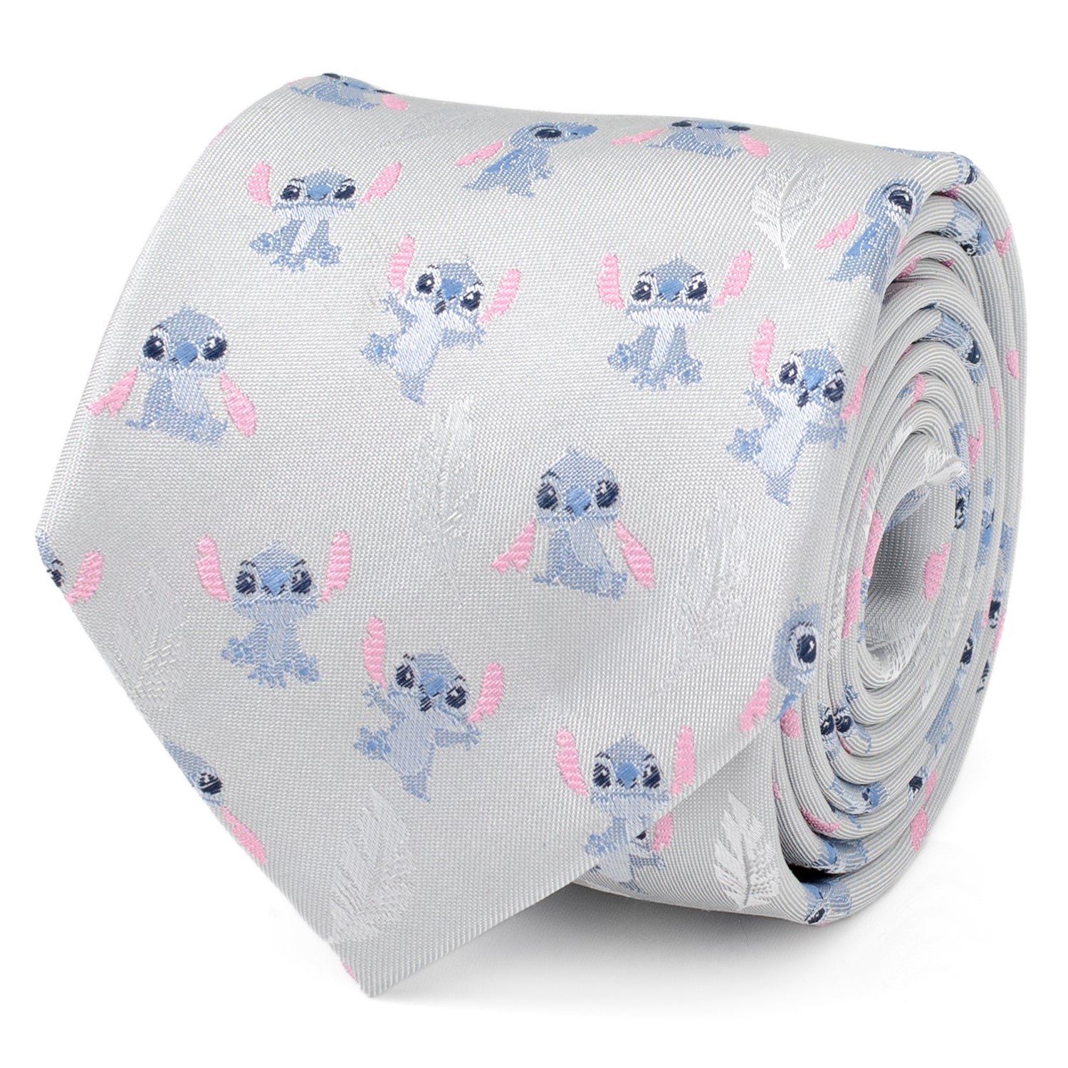 Close up of a gray necktie featuring a repeating pattern of Stitch from Lilo & Stitch and white feathers.