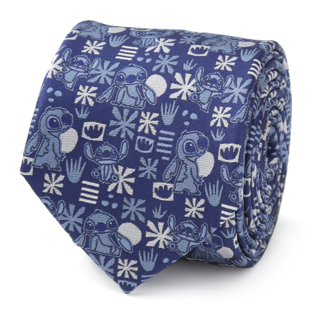 A rolled blue men's necktie featuring a repeating pattern of Disney's Stitch and tropical Hawaiian motifs.