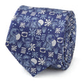 A rolled blue men's necktie featuring a repeating pattern of Disney's Stitch and tropical Hawaiian motifs.